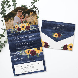 Navy Blue Sunflower Burgundy Roses  Photo Wedding All In One Invitation