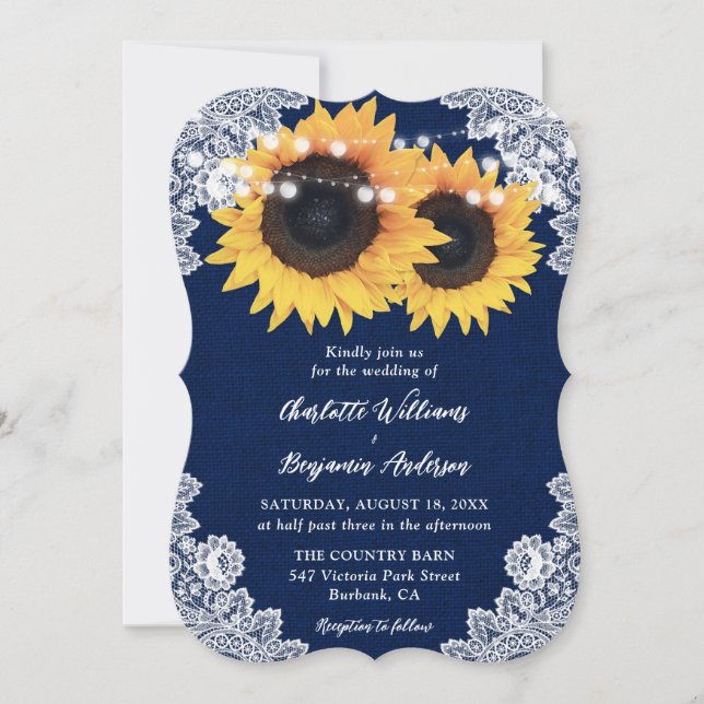 Navy Blue Sunflower Burlap Floral Lace Wedding Invitation (Front)