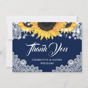 Navy Blue Sunflower Burlap Floral Lace Wedding Thank You Card