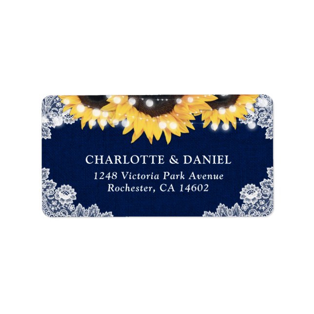 Navy Blue Sunflower Burlap Lace Address Labels (Front)