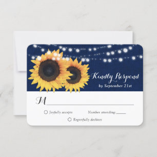 Navy Blue Sunflower Burlap String Lights Wedding RSVP Card