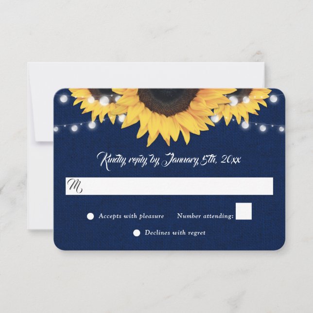 Navy Blue Sunflower Burlap String Lights Wedding RSVP Card (Front)