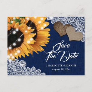 Navy Blue Sunflower Burlap Wedding Save The Date Announcement Postcard
