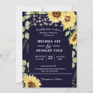 Navy Blue Sunflower Eucalyptus Lights Wedding Invitation
