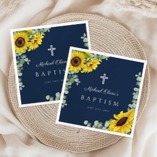 Navy Blue Sunflower Eucalyptus Religious Baptism Napkin