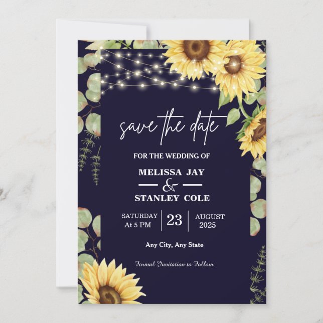 Navy Blue Sunflower Eucalyptus String Lights  Save The Date (Front)