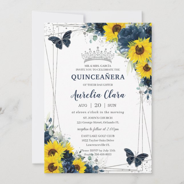 Navy Blue Sunflower Floral Butterflies Quinceañera Invitation (Front)