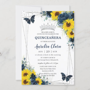 Navy Blue Sunflower Floral Butterflies Quinceañera Invitation