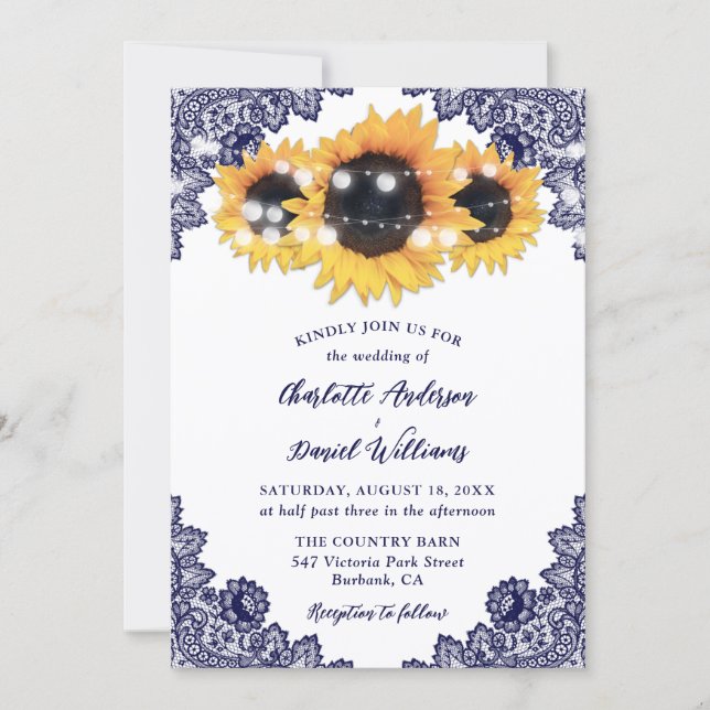 Navy Blue Sunflower Floral Lace Rustic Wedding Invitation (Front)