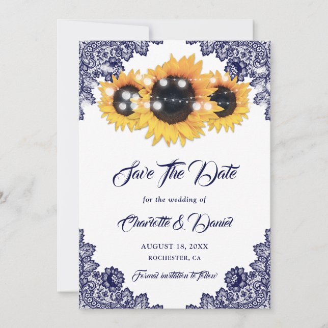 Navy Blue Sunflower Floral Lace Rustic Wedding Save The Date (Front)