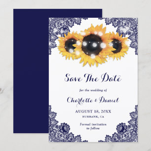 Navy Blue Sunflower Floral Lace Rustic Wedding Save The Date