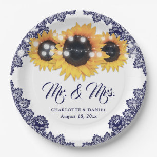 Navy Blue Sunflower Floral Lace Wedding Paper Plate
