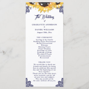 Navy Blue Sunflower Floral Lace Wedding Program