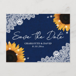 Navy Blue Sunflower Lace Wedding Save The Date Announcement Postcard