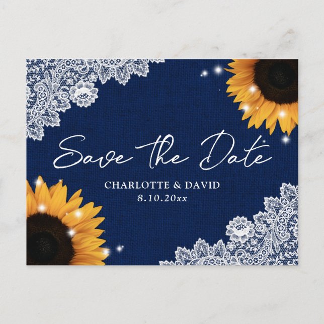 Navy Blue Sunflower Lace Wedding Save The Date Announcement Postcard (Front)