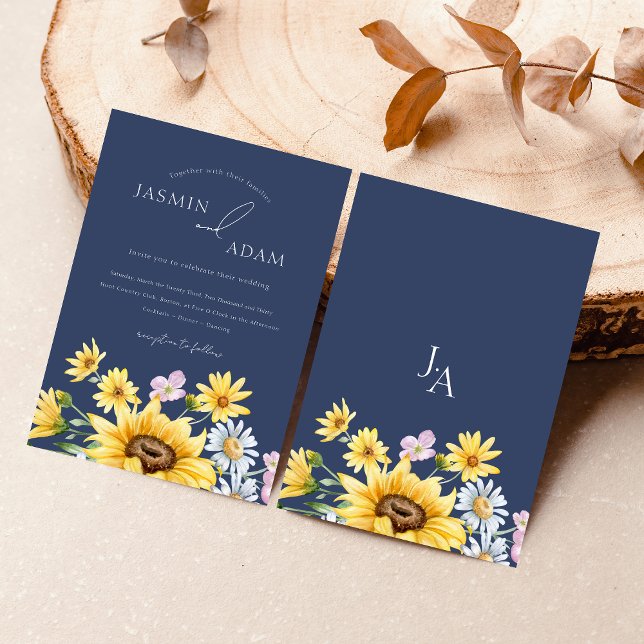 Navy Blue Sunflower Monogram Floral Wedding Invitation (Summer Navy Blue Sunflowers Monogram Wedding Invitation)