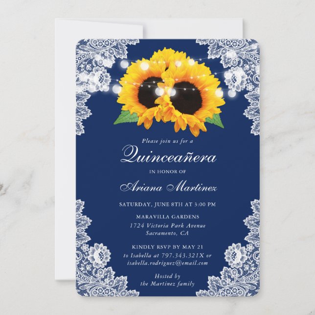 Navy Blue Sunflower Quinceañera Invitation (Front)