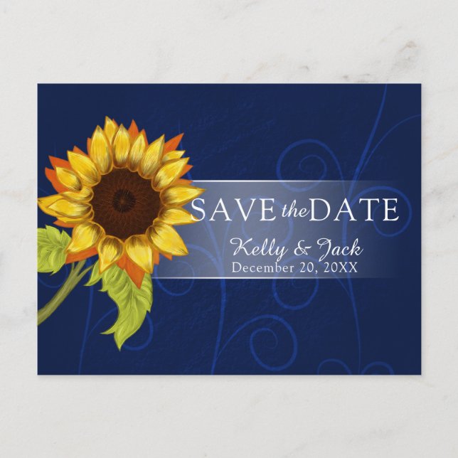 Navy Blue Sunflower/RSVP Wedding Postcard (Front)