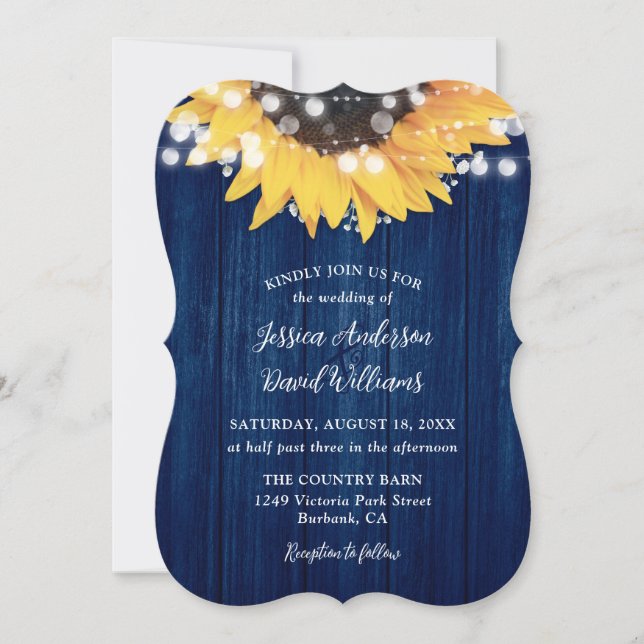 Navy Blue Sunflower Rustic Barn Wood Wedding Invitation (Front)