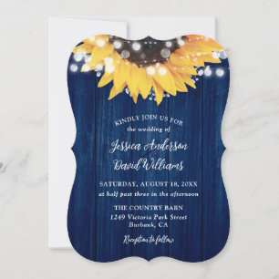 Navy Blue Sunflower Rustic Barn Wood Wedding Invitation
