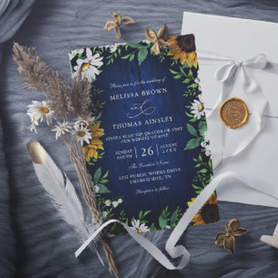 Navy Blue Sunflower Rustic Budget QR Code Wedding Invitation
