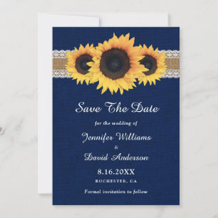Navy Blue Sunflower Rustic Burlap Lace Wedding Save The Date