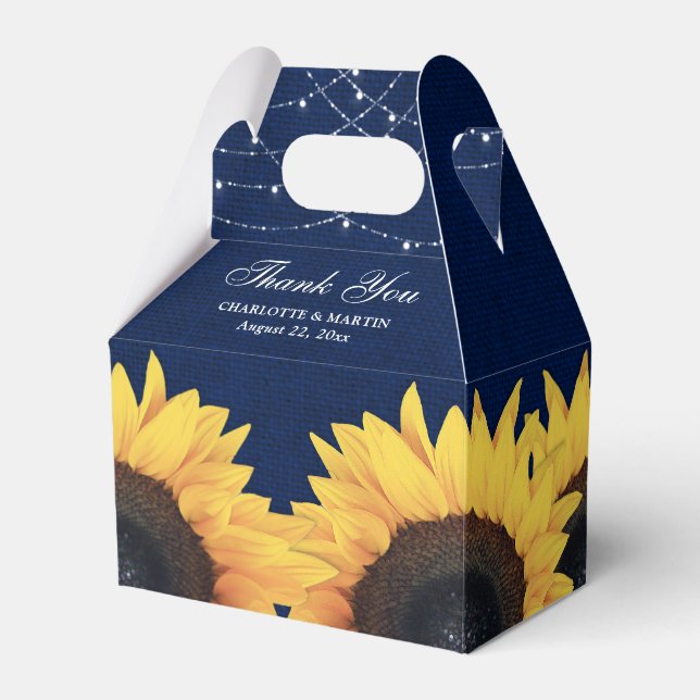 Navy Blue Sunflower Rustic Burlap Lights Wedding Favour Box (Front Side)