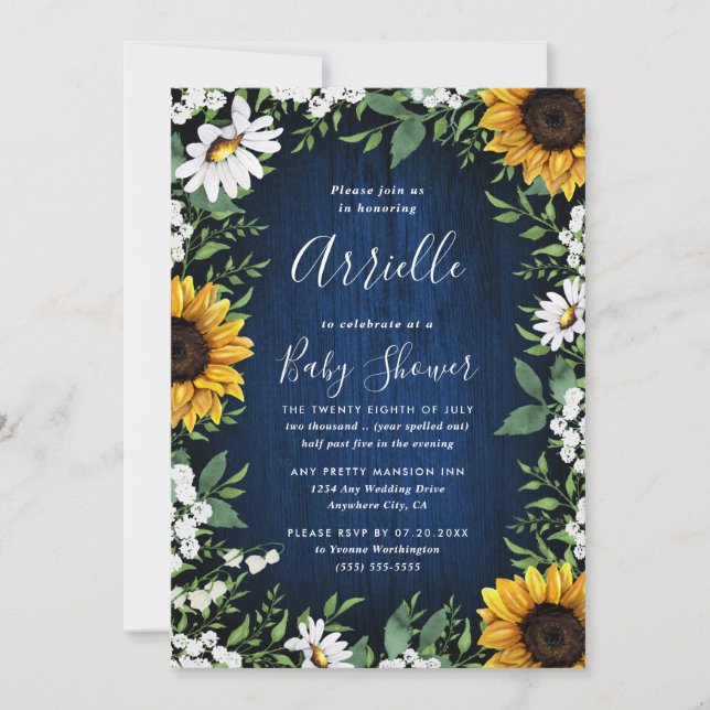 Navy Blue Sunflower Rustic Country Baby Shower Invitation (Front)