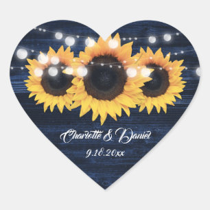 Navy Blue Sunflower Rustic Floral Wedding Heart Sticker