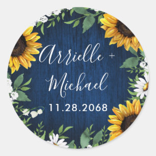 Navy Blue Sunflower Rustic Wedding Favour Classic Round Sticker