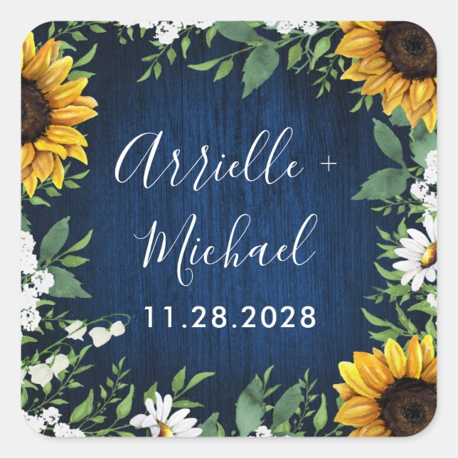 Navy Blue Sunflower Rustic Wedding Favours Sticker (Front)