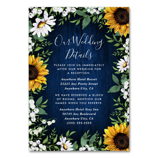 Navy Blue Sunflower Rustic Wedding Insert Cards (Front)