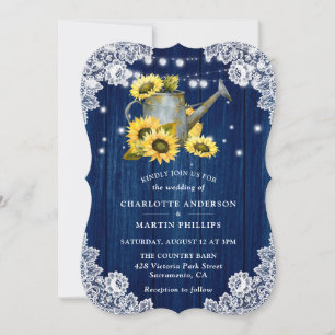 Navy Blue Sunflower Rustic Wood Lace Wedding  Invitation