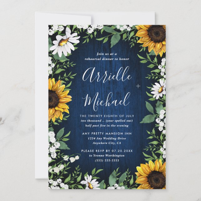 Navy Blue Sunflower Rustic Wood Rehearsal Dinner Invitation (Front)