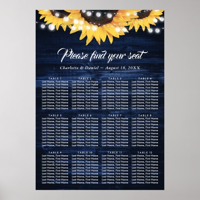 Navy Blue Sunflower Rustic Wood Seating Chart 12 (Front)