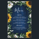 Navy Blue Sunflower Rustic Wood Wedding Menu Cards<br><div class="desc">Design features a navy blue barn wood background decorated with watercolor daisies,  sunflowers,  greenery,  eucalyptus,  baby's breath,  and lily of the valley.
You can use the template as is or add more meals,  desserts and more. This template is fully customisable.</div>