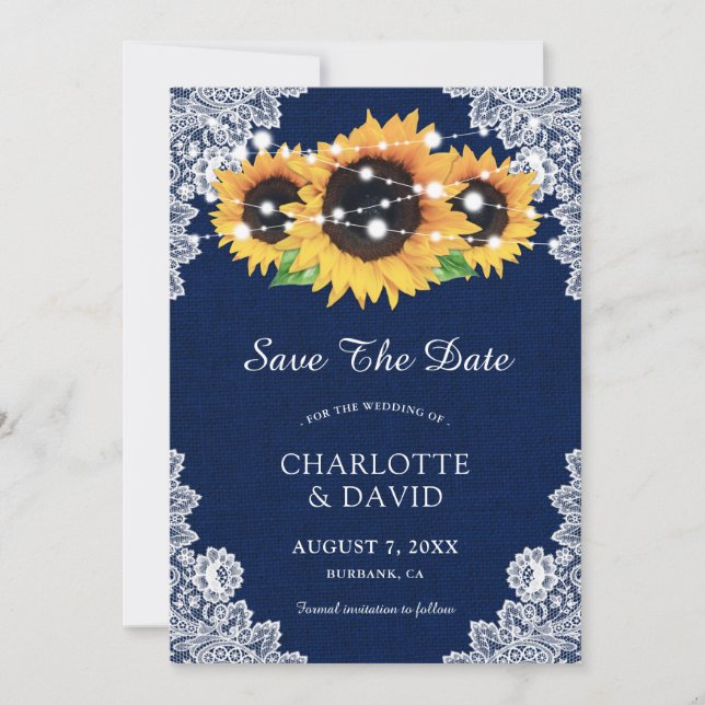 Navy Blue Sunflower Save The Date Cards (Front)