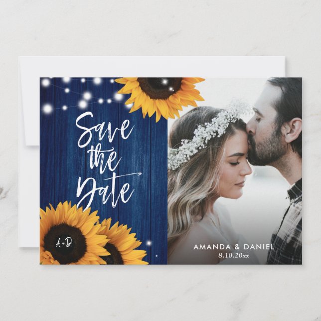 Navy Blue Sunflower Save The Date Photo Cards (Front)