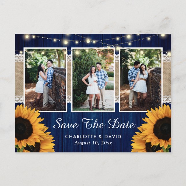 Navy Blue Sunflower Save The Date Photo Postcards (Front)
