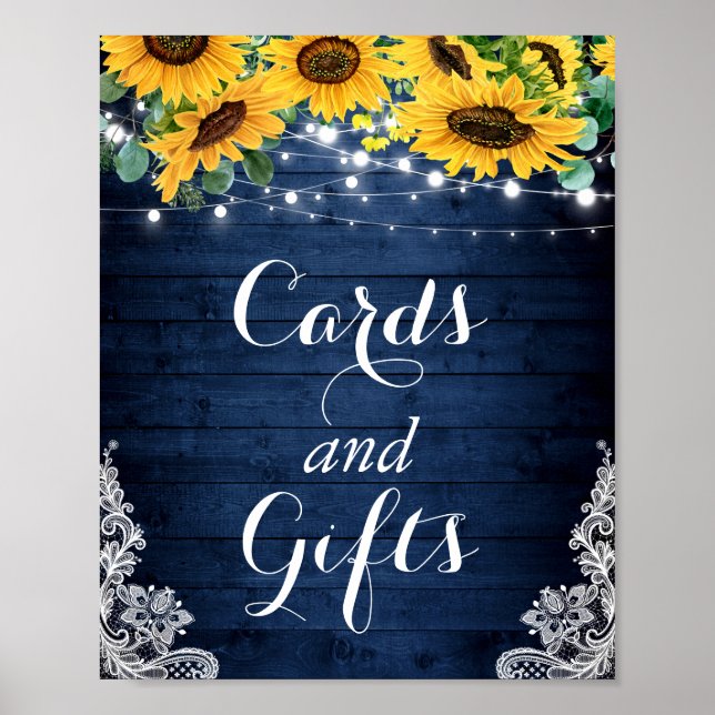 Navy Blue Sunflower String Lights Card and Gifts Poster (Front)