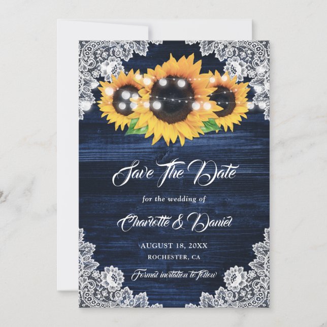 Navy Blue Sunflower String Lights Floral Lace Wood Save The Date (Front)