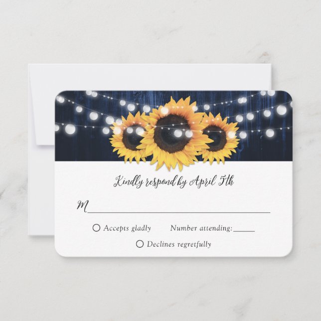 Navy Blue Sunflower String Lights Wood Wedding RSVP Card (Front)