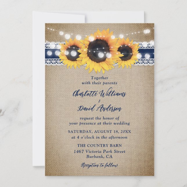 Navy Blue Sunflower Vintage Burlap Lace Wedding Invitation (Front)
