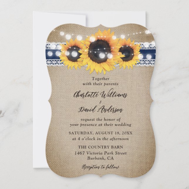 Navy Blue Sunflower Vintage Burlap Lace Wedding Invitation (Front)