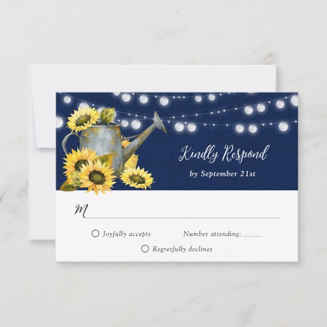 Navy Blue Sunflower Watering Can Burlap Wedding RSVP Card (Front)