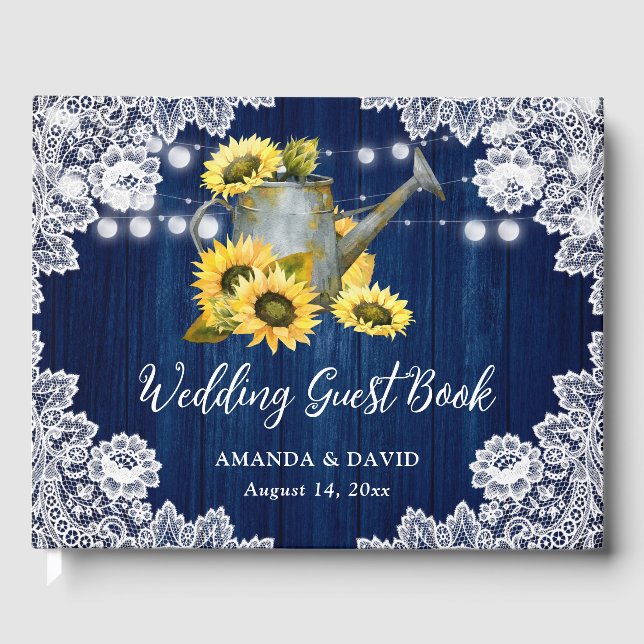 Navy Blue Sunflower Watering Can Wood Lace Wedding Guest Book (Front)