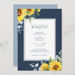 Navy Blue Sunflower Wedding Invitation