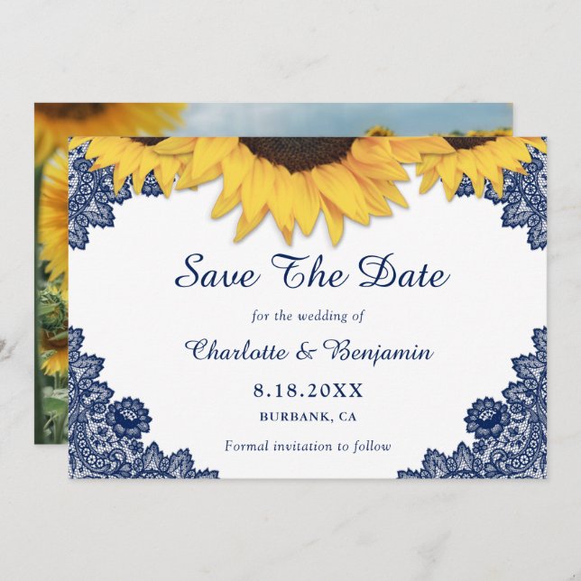 Navy Blue Sunflower Wedding Photo Save The Date (Front/Back)