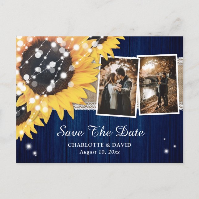 Navy Blue Sunflower Wedding Photo Save The Date Announcement Postcard (Front)