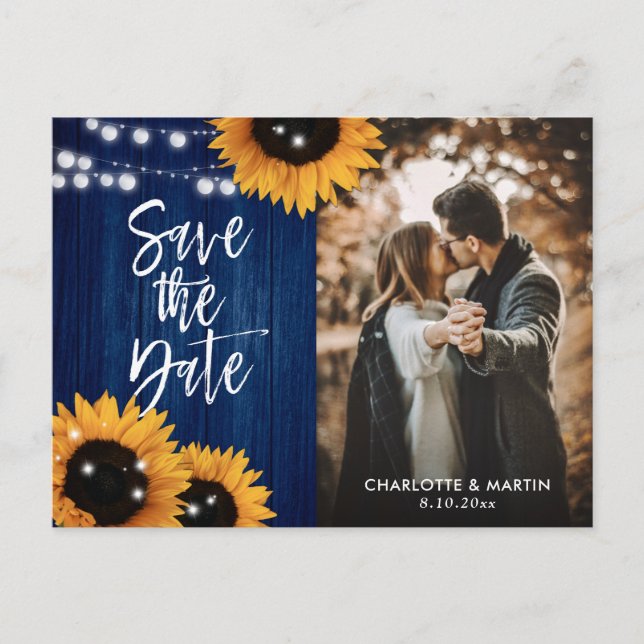 Navy Blue Sunflower Wedding Photo Save The Date Announcement Postcard (Front)